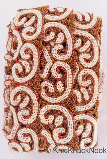 Gold Zardozi Hand Embroidered Cutwork Lace Trim Beaded with Ivory Seed Beads, Wedding Trim, Indian Trim